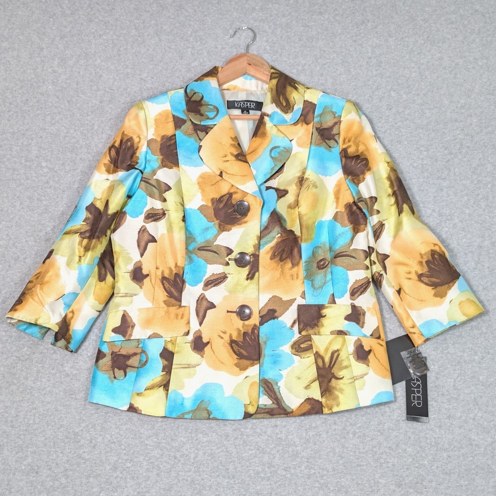Kasper 3 Button Blazer Suit Jacket Womens 14 Floral Cafe Multi NWT (MSRP$240)